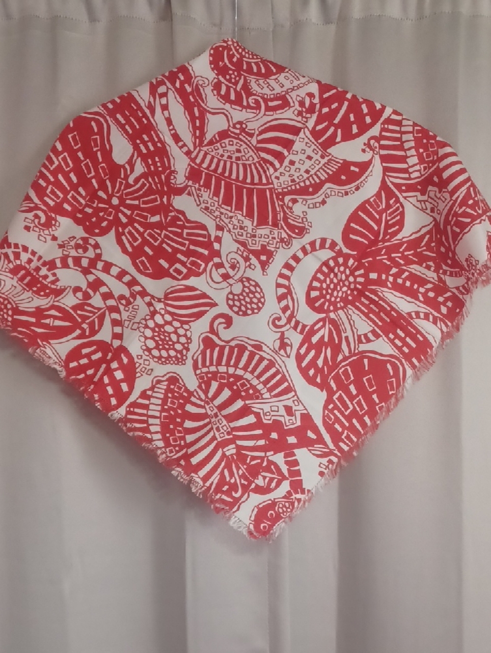 Vintage Thai Silk Scarf Star Of Siam Red White Mod Floral Resort Fringe 24×24